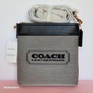 COACH Kitt Badge Jacquard & Smooth Leather Crossbody- Salt Black ⭐